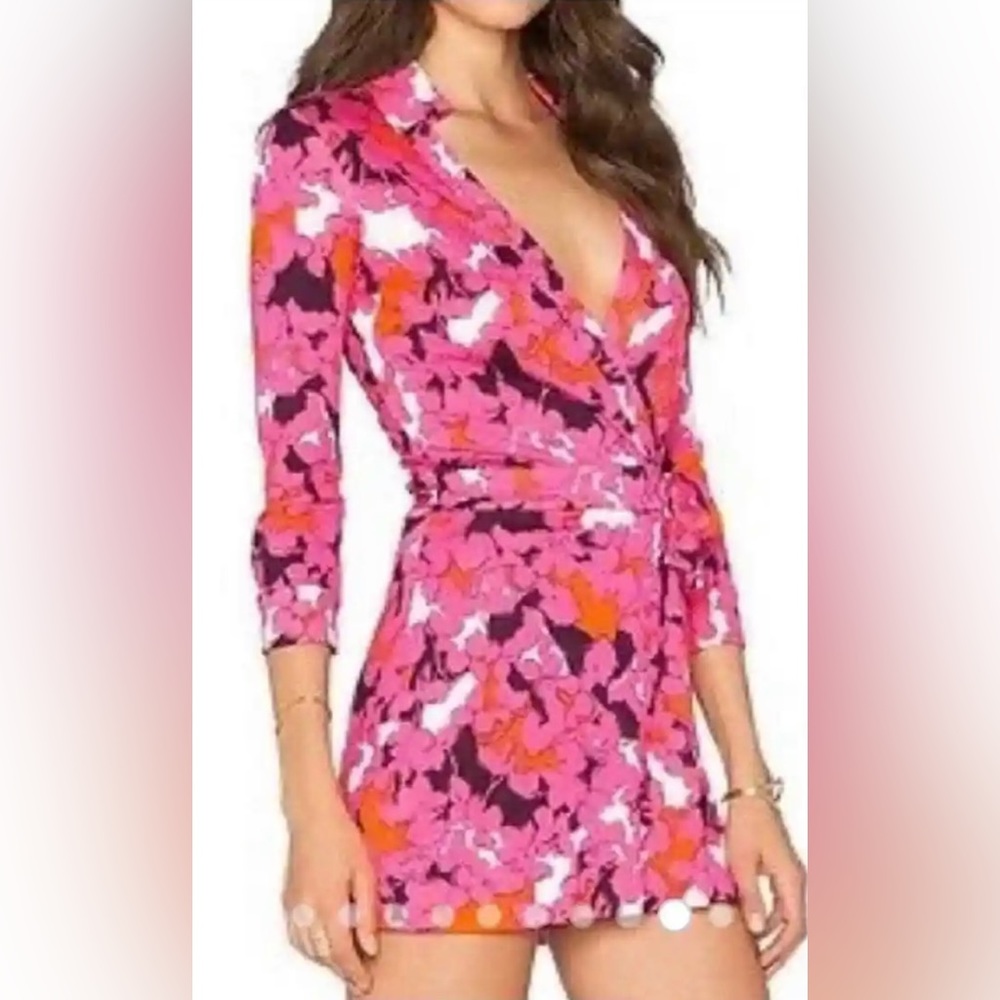Pink floral Diane Von Furstenberg Celeste Wrap Romper, size 2